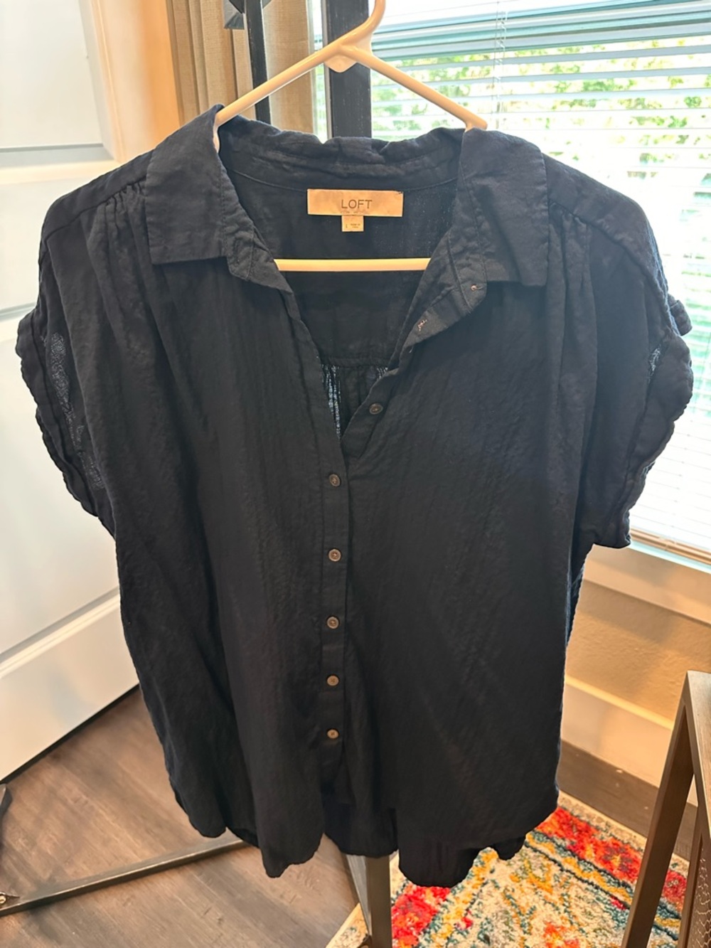 LOFT Navy Button-Front Short Sleeve Blouse